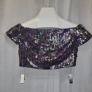 Forever 21 Multicolor/Silver Sequin Off the Shoulder Crop Top, S